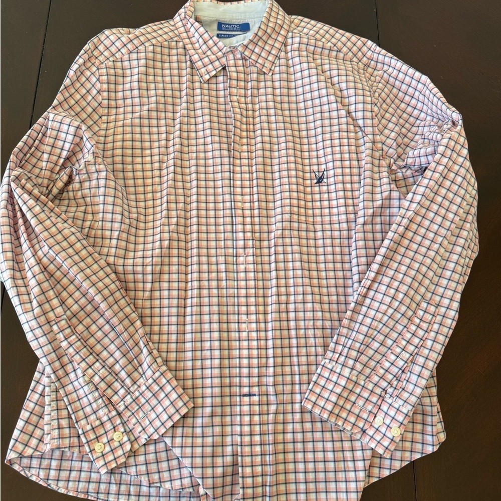 Nautica Men's Pink and Blue Checkered Shirt